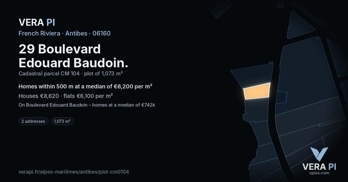29 Boulevard Edouard Baudoin, Antibes at night – the plot lit, the parcels around coloured by the prices near them