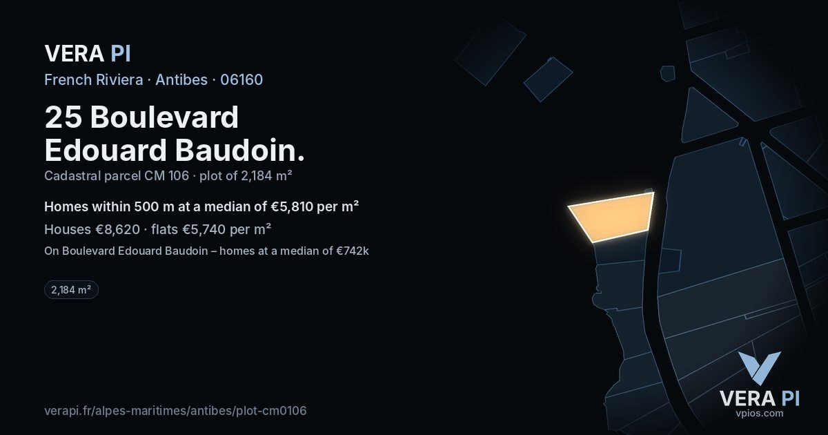 25 Boulevard Edouard Baudoin, Antibes at night – the plot lit, the parcels around coloured by the prices near them