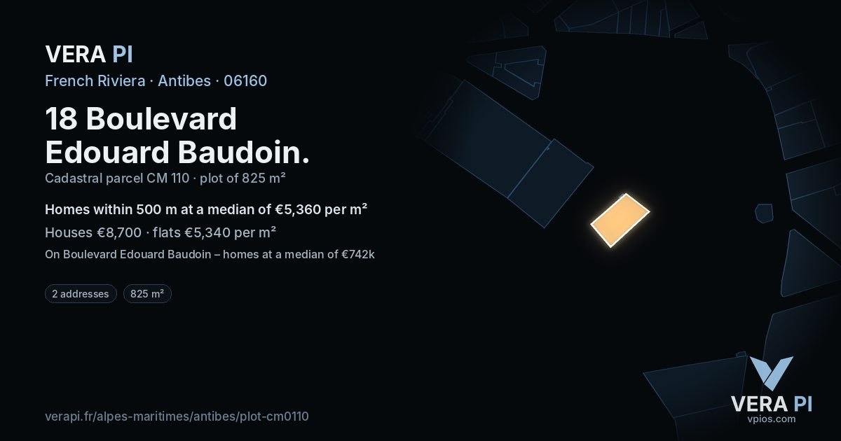 18 Boulevard Edouard Baudoin, Antibes at night – the plot lit, the parcels around coloured by the prices near them