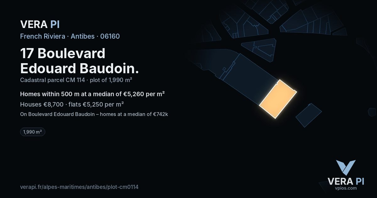 17 Boulevard Edouard Baudoin, Antibes at night – the plot lit, the parcels around coloured by the prices near them