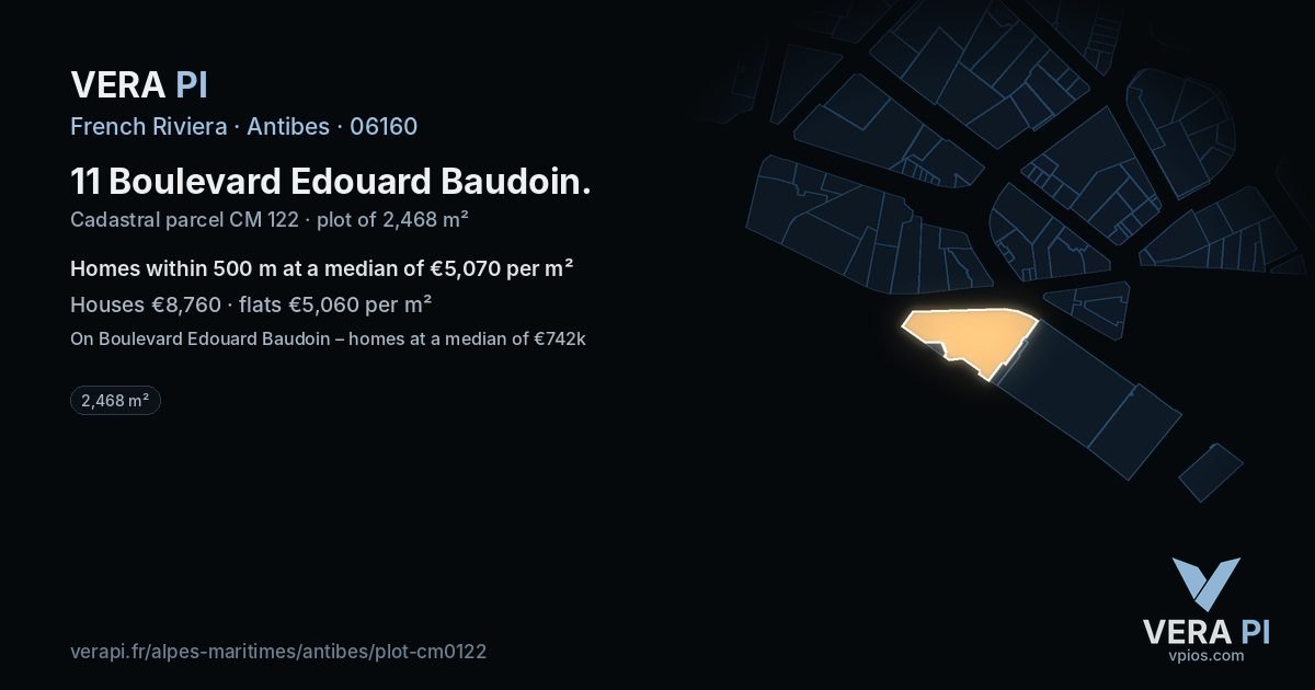 11 Boulevard Edouard Baudoin, Antibes at night – the plot lit, the parcels around coloured by the prices near them
