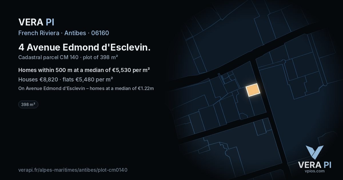 4 Avenue Edmond d'Esclevin, Antibes at night – the plot lit, the parcels around coloured by the prices near them