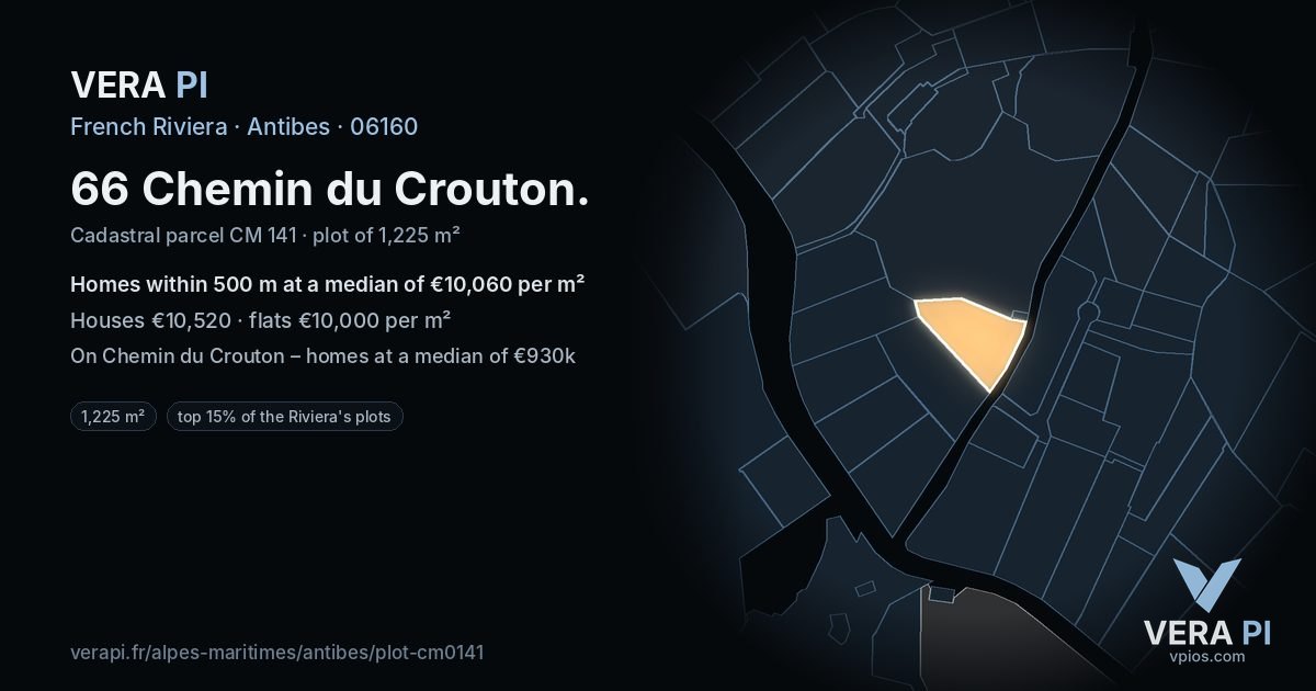66 Chemin du Crouton, Antibes at night – the plot lit, the parcels around coloured by the prices near them
