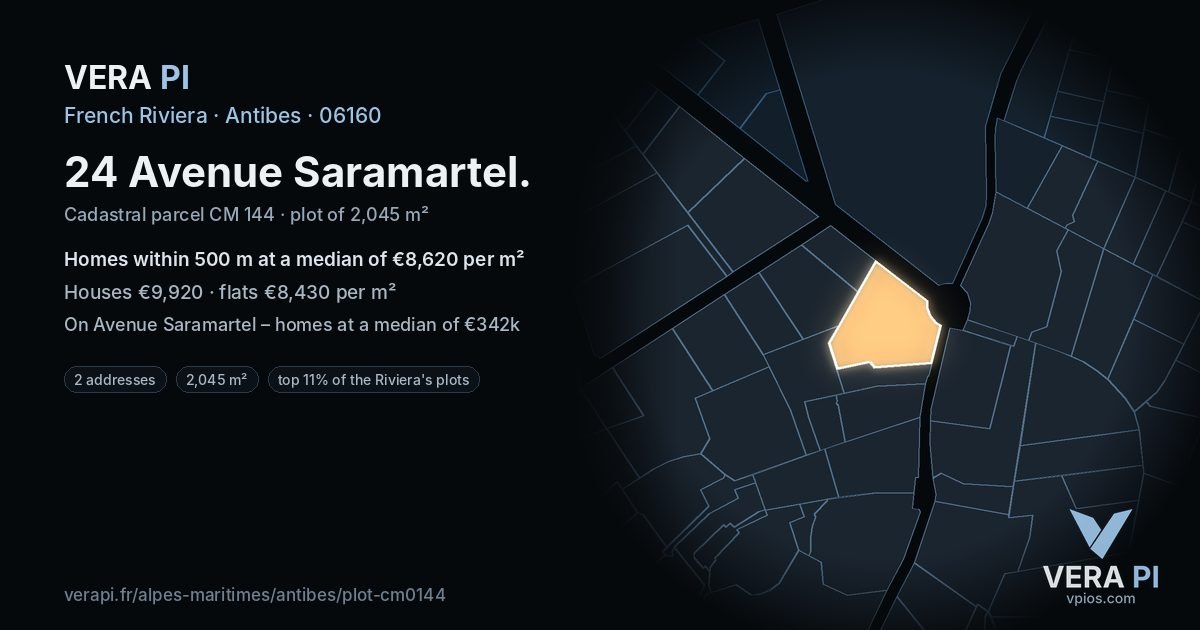 24 Avenue Saramartel, Antibes at night – the plot lit, the parcels around coloured by the prices near them