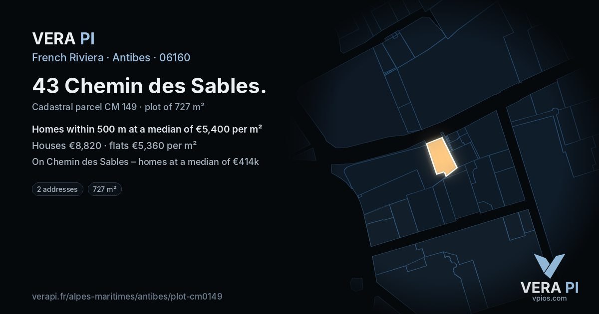 43 Chemin des Sables, Antibes at night – the plot lit, the parcels around coloured by the prices near them