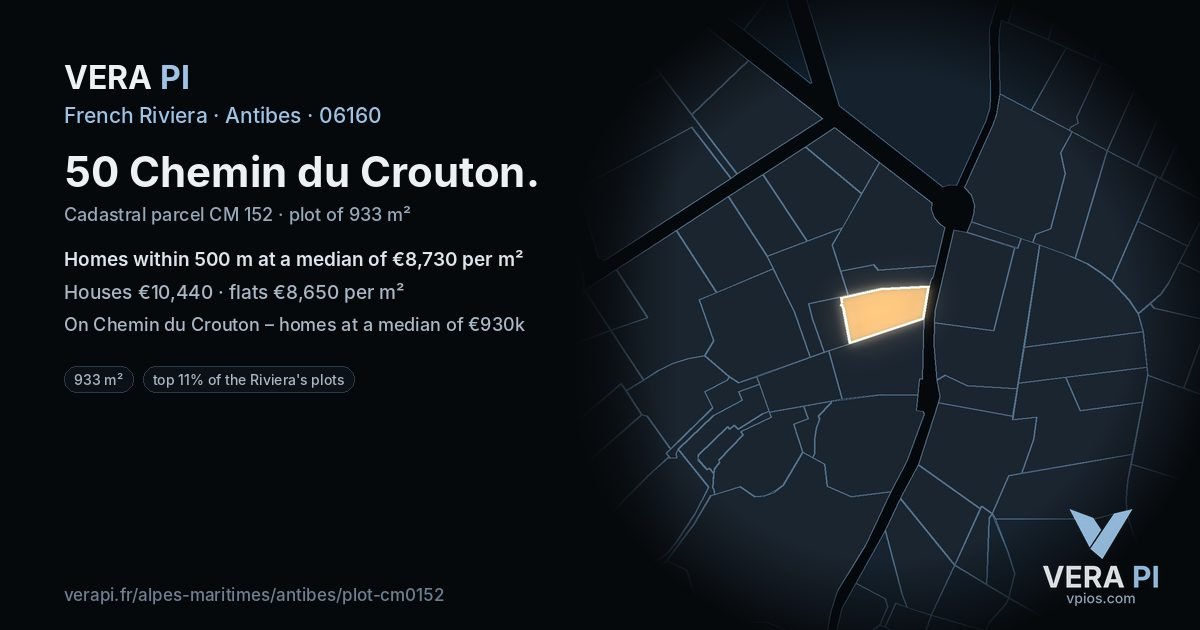 50 Chemin du Crouton, Antibes at night – the plot lit, the parcels around coloured by the prices near them