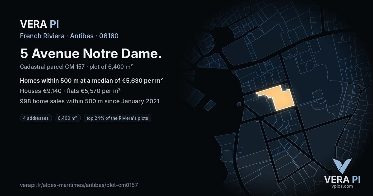 5 Avenue Notre Dame, Antibes at night – the plot lit, the parcels around coloured by the prices near them