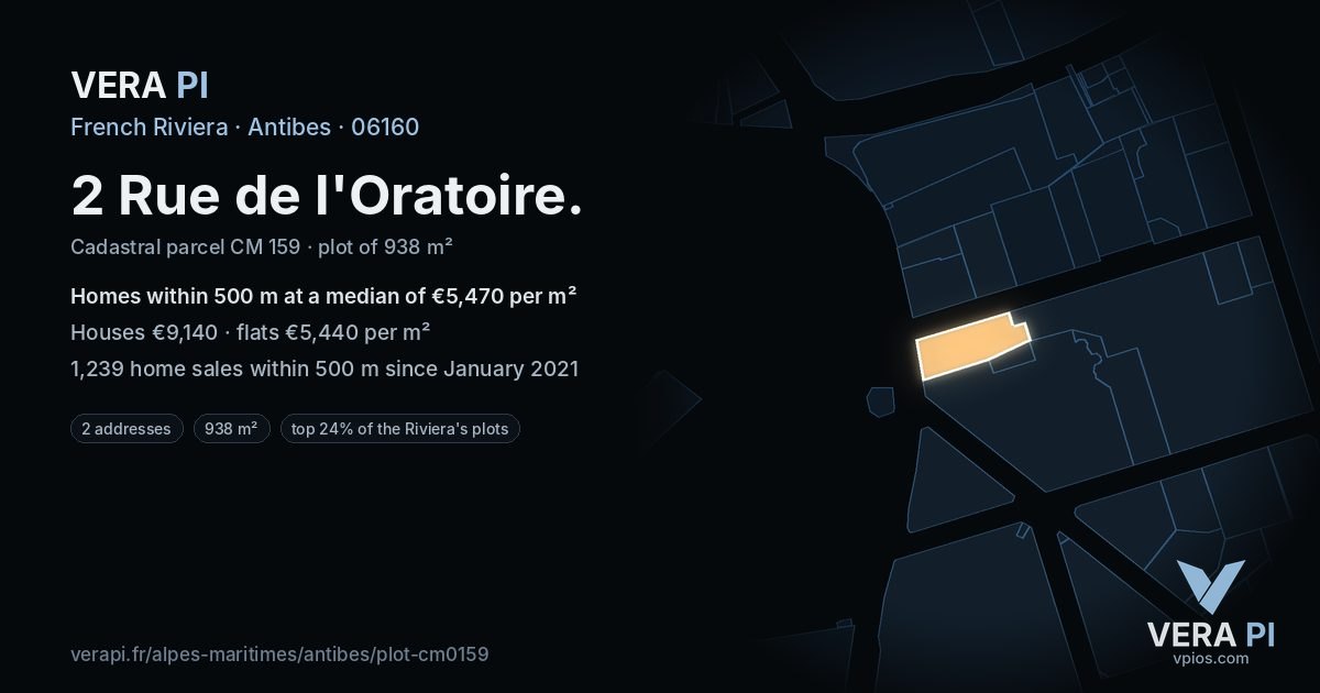 2 Rue de l'Oratoire, Antibes at night – the plot lit, the parcels around coloured by the prices near them