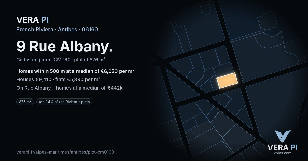 9 Rue Albany, Antibes at night – the plot lit, the parcels around coloured by the prices near them