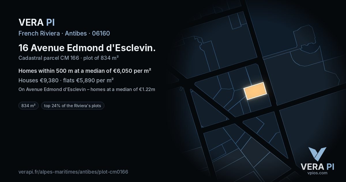 16 Avenue Edmond d'Esclevin, Antibes at night – the plot lit, the parcels around coloured by the prices near them