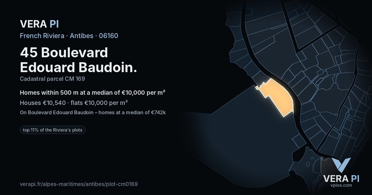 45 Boulevard Edouard Baudoin, Antibes at night – the plot lit, the parcels around coloured by the prices near them