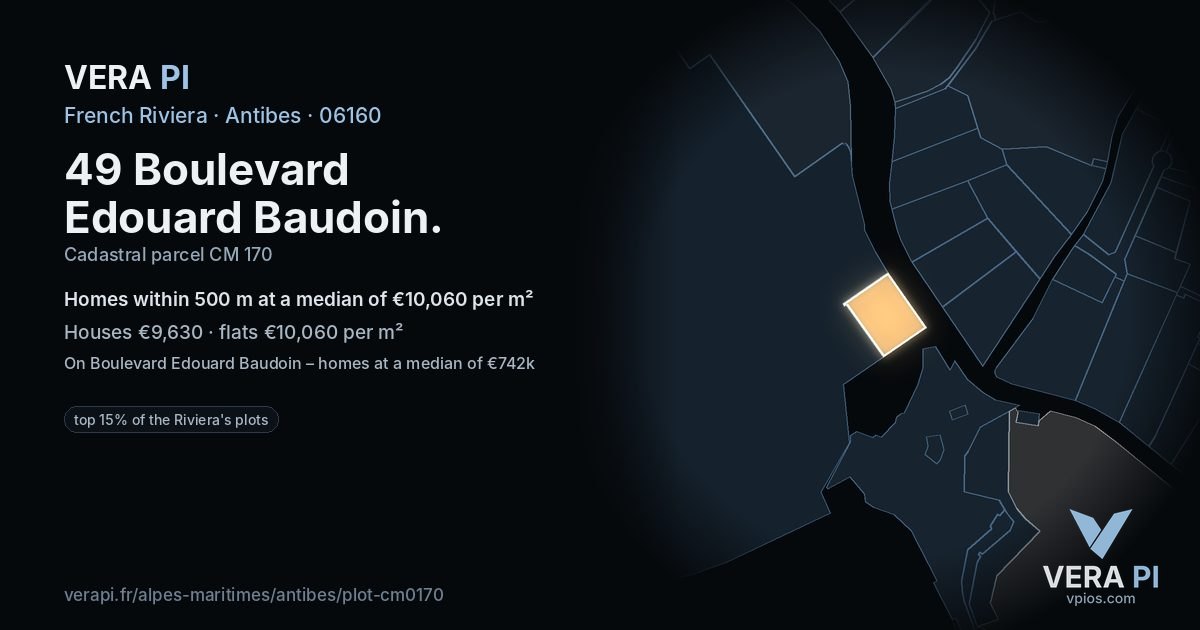 49 Boulevard Edouard Baudoin, Antibes at night – the plot lit, the parcels around coloured by the prices near them