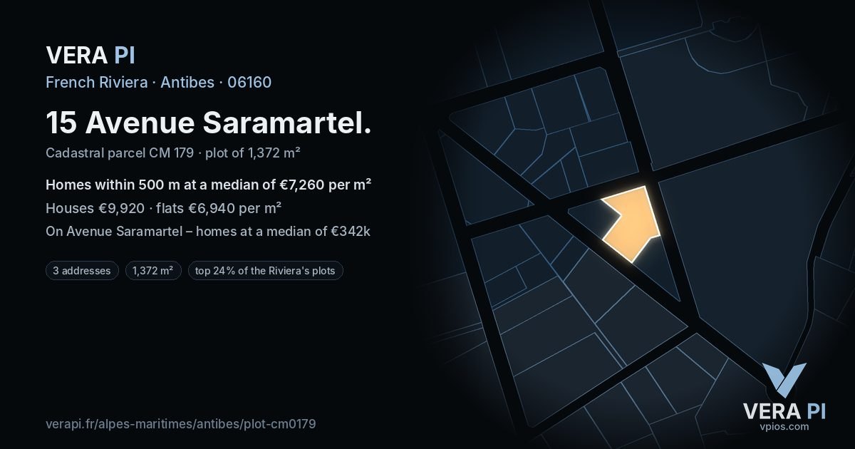 15 Avenue Saramartel, Antibes at night – the plot lit, the parcels around coloured by the prices near them