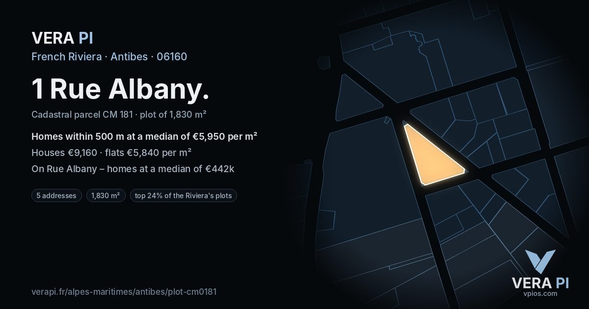 1 Rue Albany, Antibes at night – the plot lit, the parcels around coloured by the prices near them
