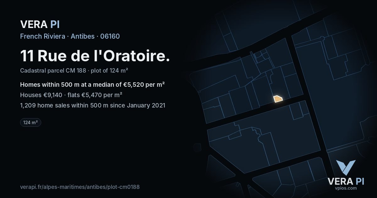 11 Rue de l'Oratoire, Antibes at night – the plot lit, the parcels around coloured by the prices near them