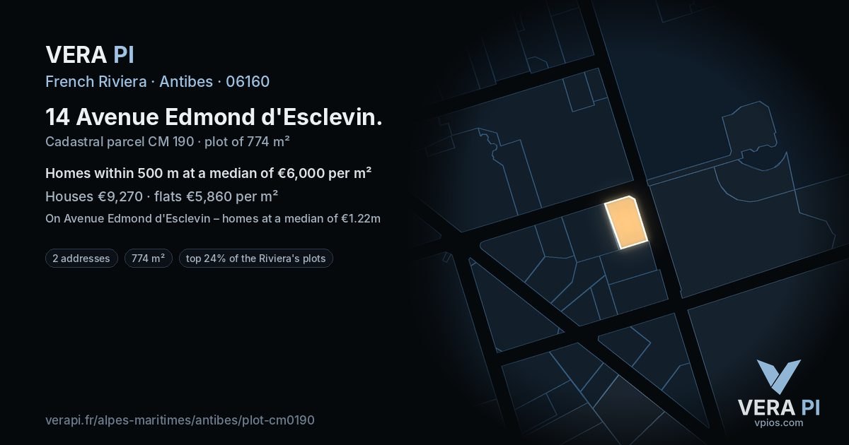 14 Avenue Edmond d'Esclevin, Antibes at night – the plot lit, the parcels around coloured by the prices near them