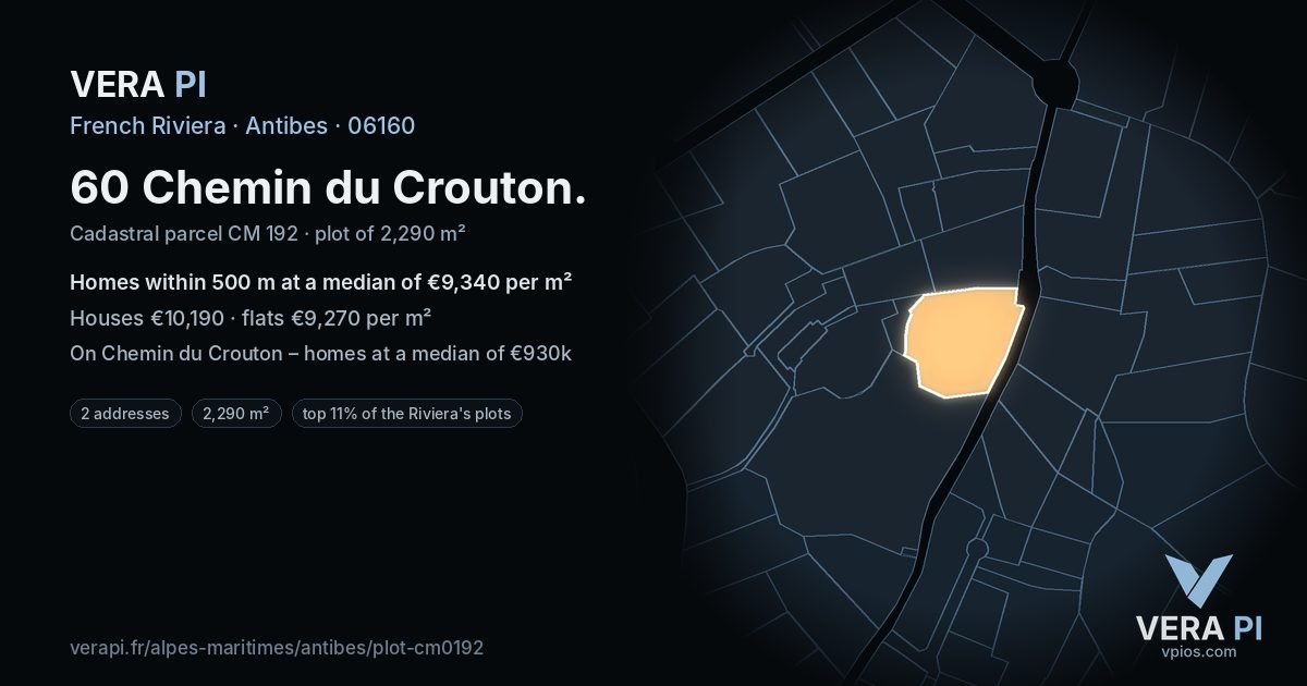 60 Chemin du Crouton, Antibes at night – the plot lit, the parcels around coloured by the prices near them