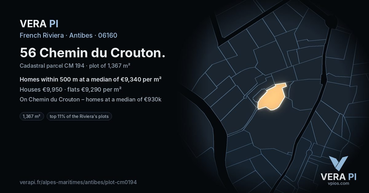 56 Chemin du Crouton, Antibes at night – the plot lit, the parcels around coloured by the prices near them