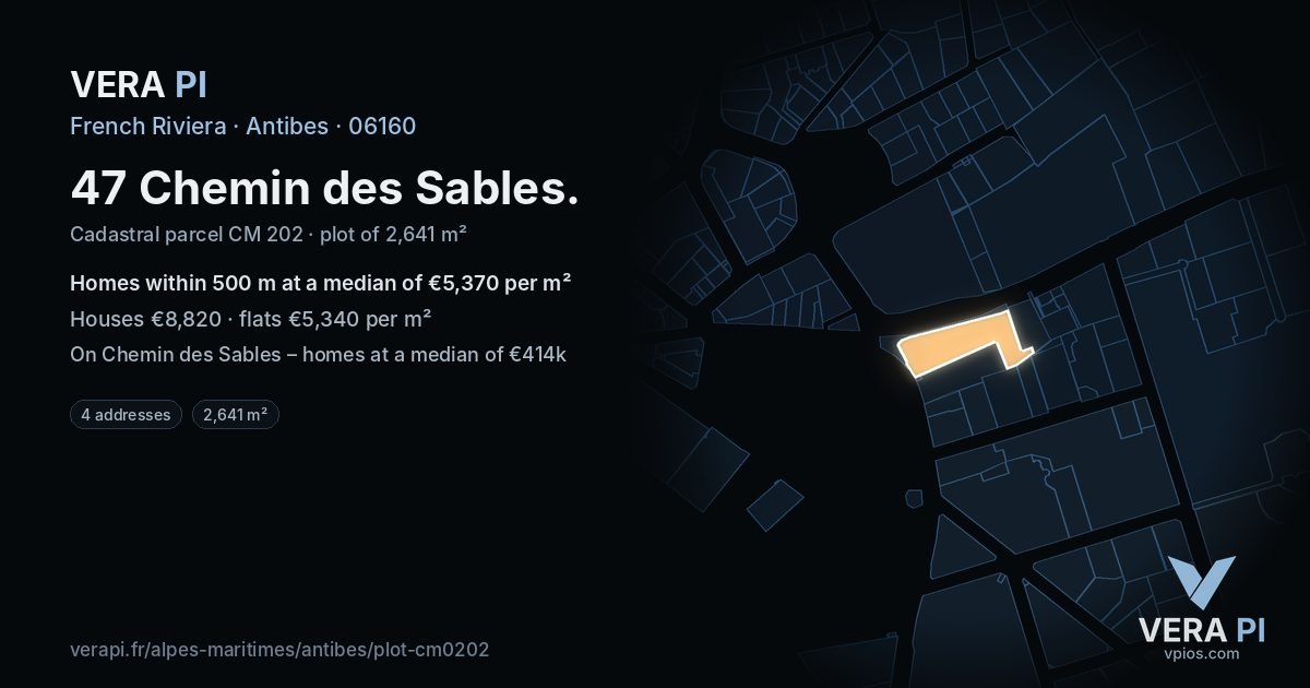 47 Chemin des Sables, Antibes at night – the plot lit, the parcels around coloured by the prices near them