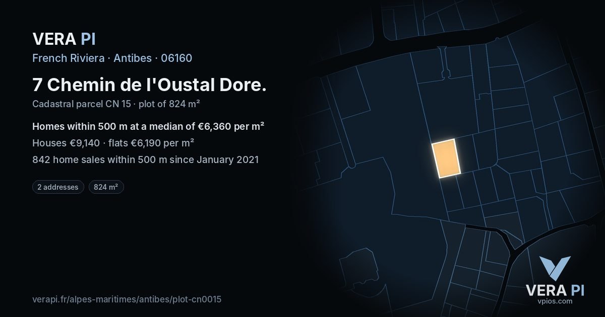 7 Chemin de l'Oustal Dore, Antibes at night – the plot lit, the parcels around coloured by the prices near them