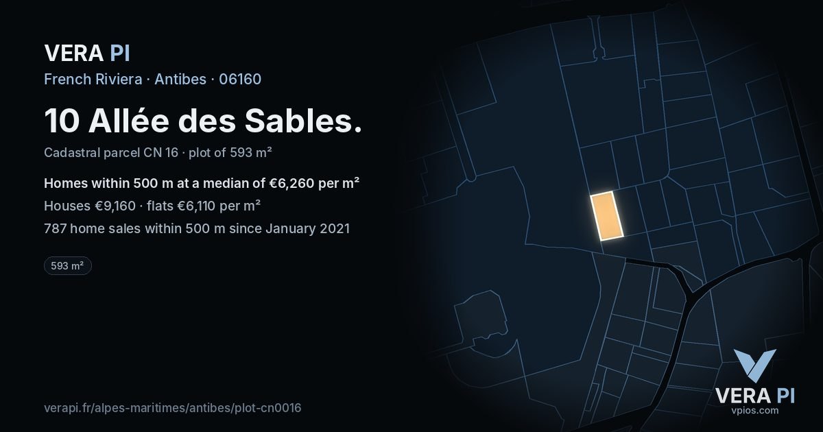 10 Allée des Sables, Antibes at night – the plot lit, the parcels around coloured by the prices near them