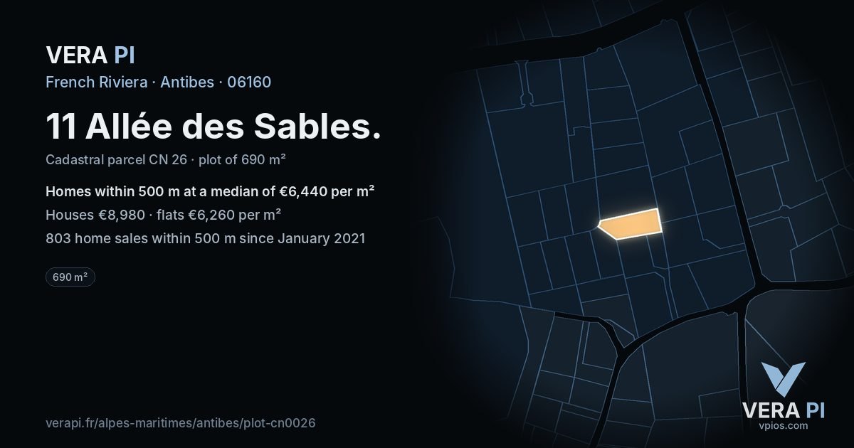 11 Allée des Sables, Antibes at night – the plot lit, the parcels around coloured by the prices near them