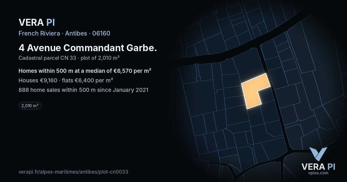 4 Avenue Commandant Garbe, Antibes at night – the plot lit, the parcels around coloured by the prices near them