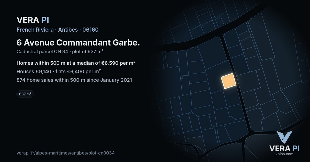 6 Avenue Commandant Garbe, Antibes at night – the plot lit, the parcels around coloured by the prices near them