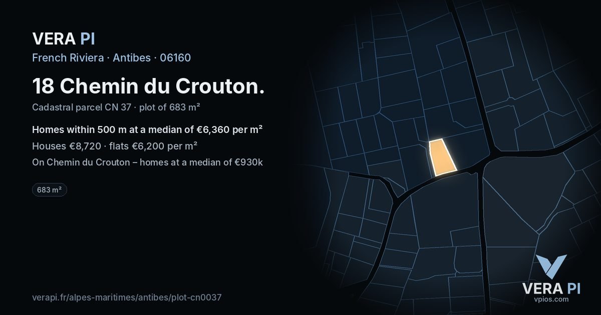 18 Chemin du Crouton, Antibes at night – the plot lit, the parcels around coloured by the prices near them