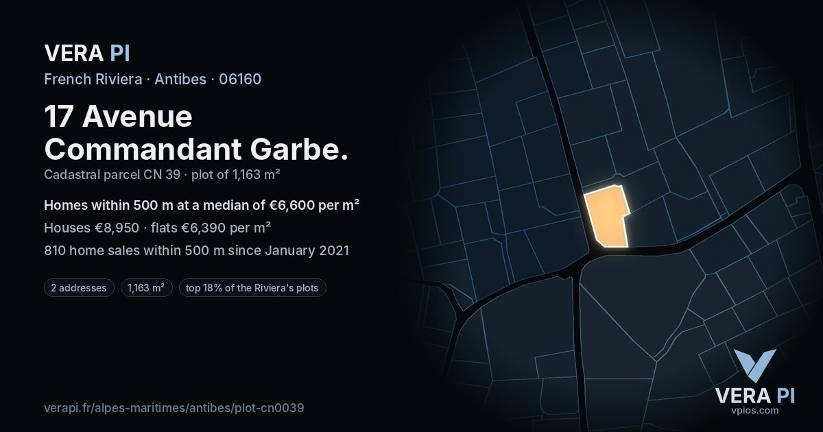 17 Avenue Commandant Garbe, Antibes at night – the plot lit, the parcels around coloured by the prices near them