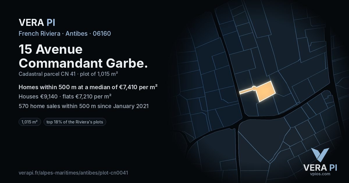 15 Avenue Commandant Garbe, Antibes at night – the plot lit, the parcels around coloured by the prices near them