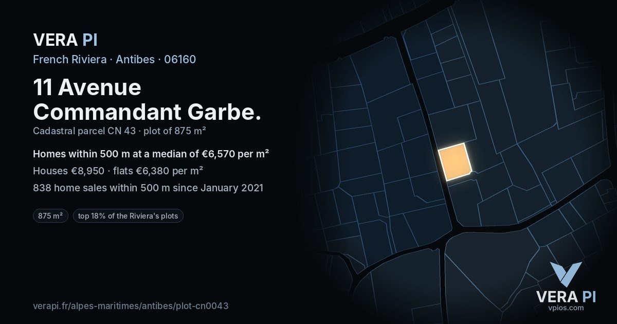 11 Avenue Commandant Garbe, Antibes at night – the plot lit, the parcels around coloured by the prices near them