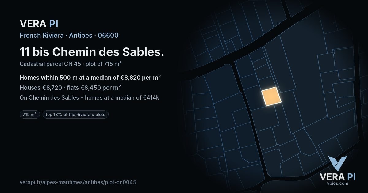 11 bis Chemin des Sables, Antibes at night – the plot lit, the parcels around coloured by the prices near them