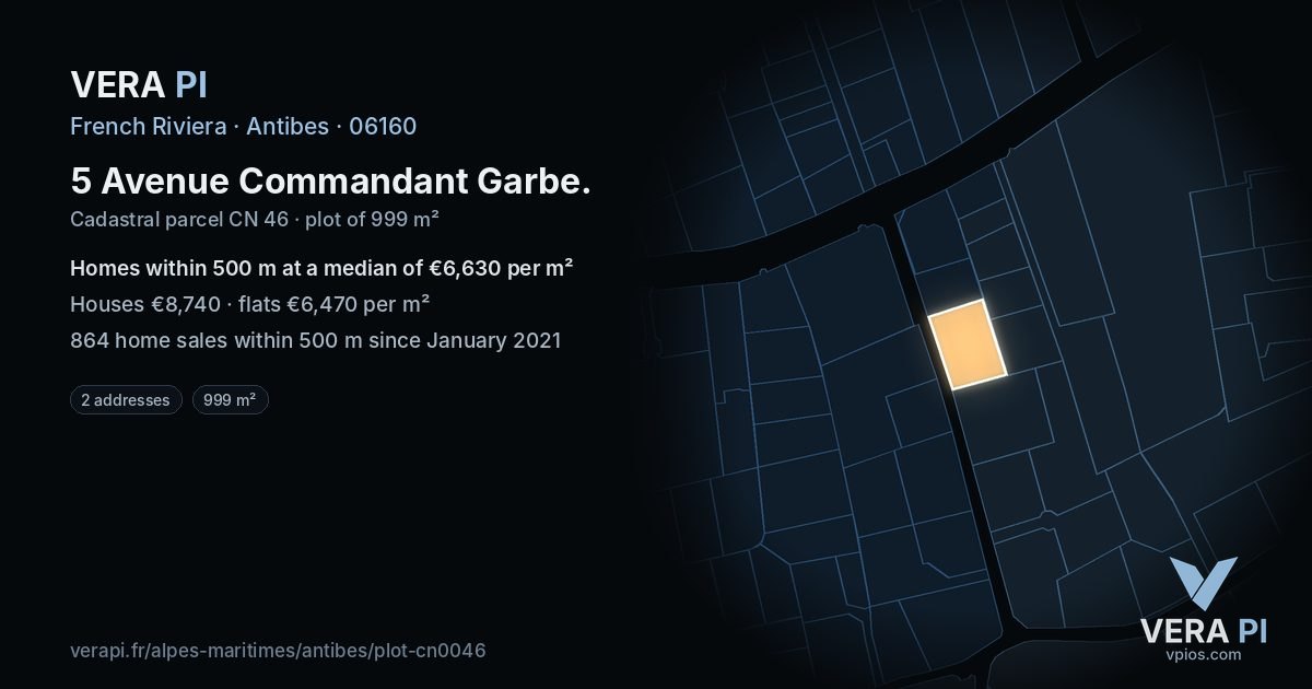 5 Avenue Commandant Garbe, Antibes at night – the plot lit, the parcels around coloured by the prices near them
