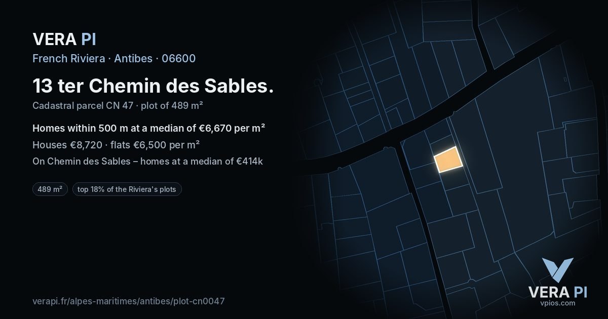 13 ter Chemin des Sables, Antibes at night – the plot lit, the parcels around coloured by the prices near them