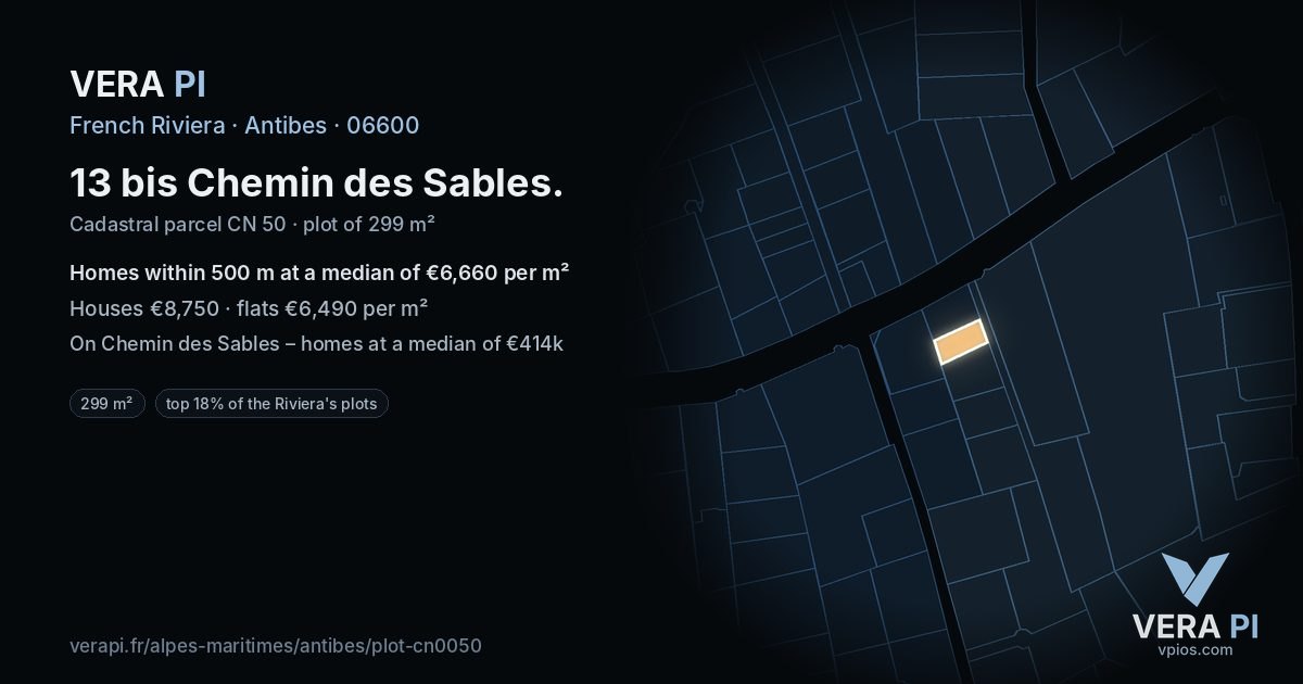 13 bis Chemin des Sables, Antibes at night – the plot lit, the parcels around coloured by the prices near them