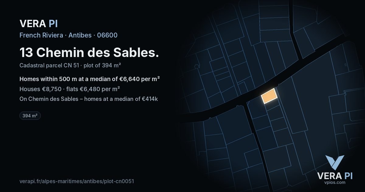 13 Chemin des Sables, Antibes at night – the plot lit, the parcels around coloured by the prices near them