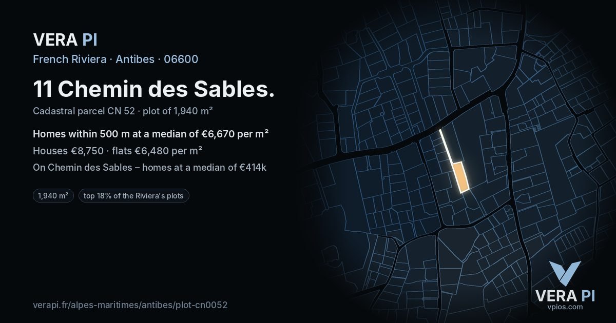 11 Chemin des Sables, Antibes at night – the plot lit, the parcels around coloured by the prices near them