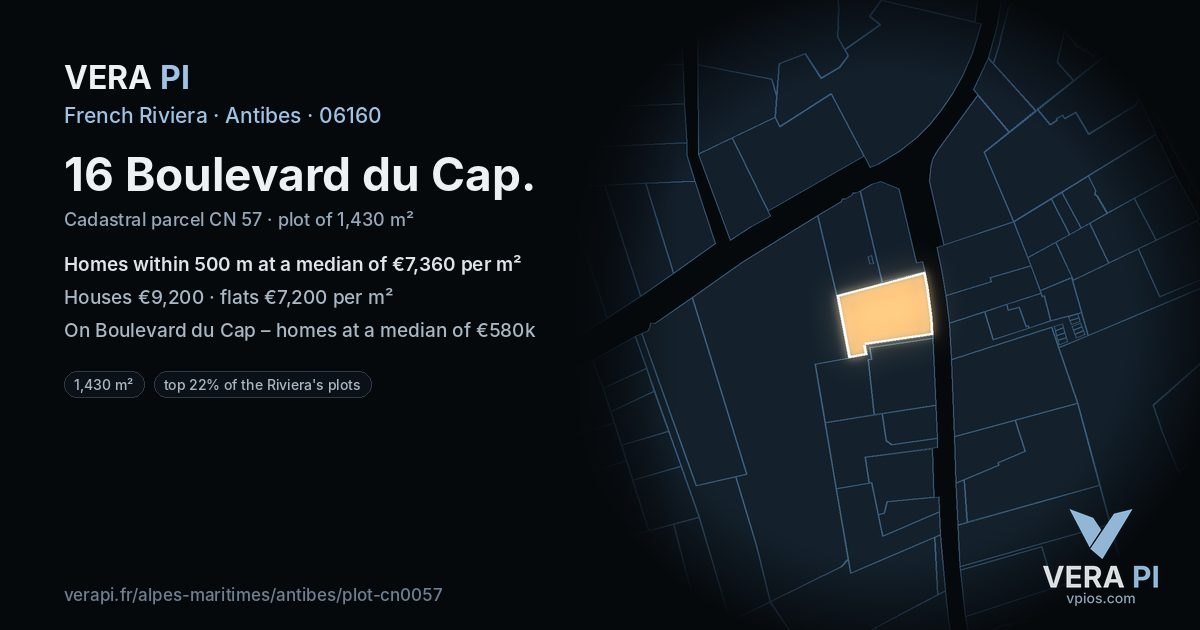 16 Boulevard du Cap, Antibes at night – the plot lit, the parcels around coloured by the prices near them