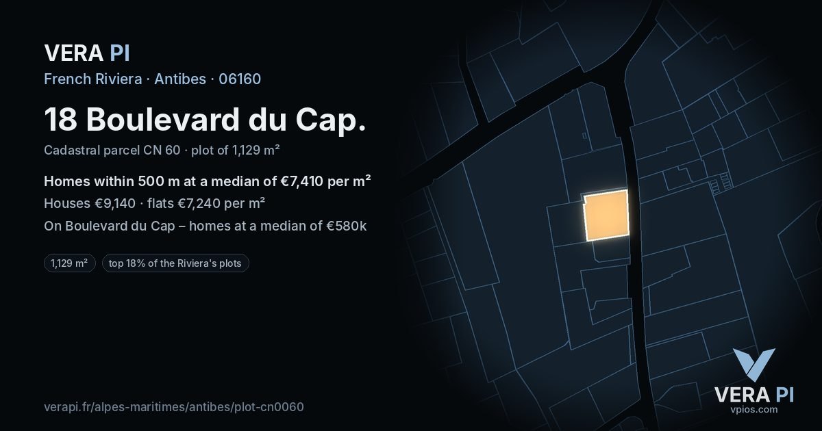 18 Boulevard du Cap, Antibes at night – the plot lit, the parcels around coloured by the prices near them