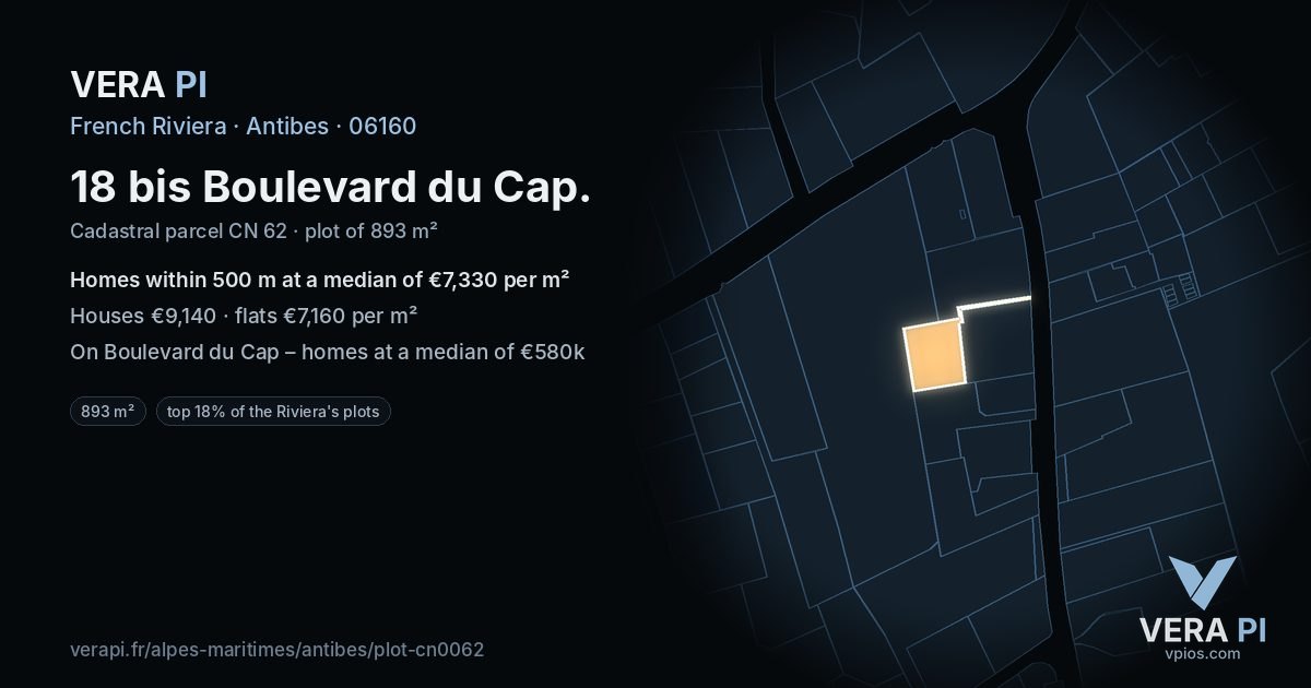 18 bis Boulevard du Cap, Antibes at night – the plot lit, the parcels around coloured by the prices near them