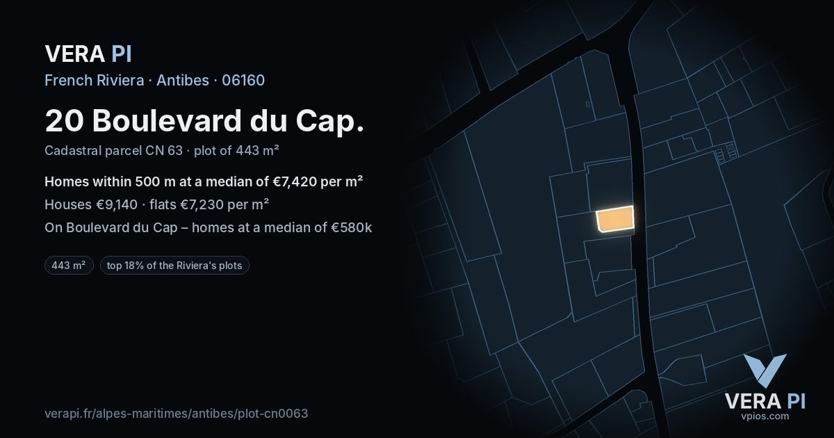 20 Boulevard du Cap, Antibes at night – the plot lit, the parcels around coloured by the prices near them