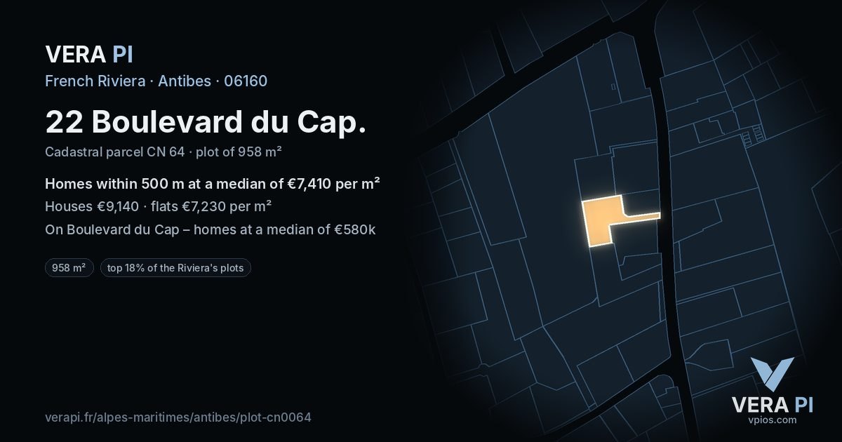22 Boulevard du Cap, Antibes at night – the plot lit, the parcels around coloured by the prices near them