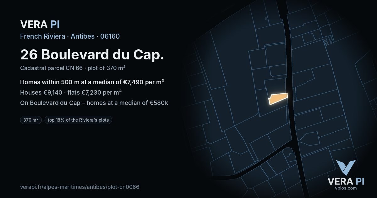 26 Boulevard du Cap, Antibes at night – the plot lit, the parcels around coloured by the prices near them