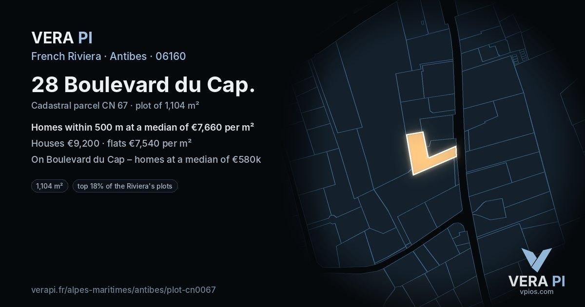 28 Boulevard du Cap, Antibes at night – the plot lit, the parcels around coloured by the prices near them
