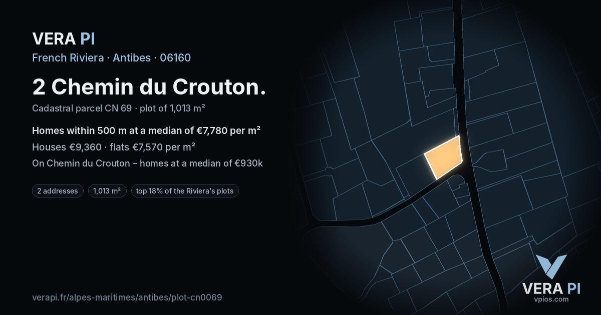 2 Chemin du Crouton, Antibes at night – the plot lit, the parcels around coloured by the prices near them