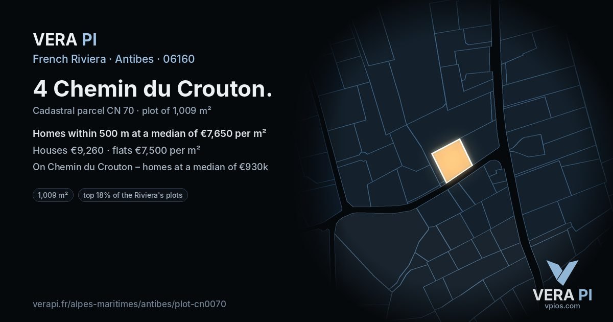 4 Chemin du Crouton, Antibes at night – the plot lit, the parcels around coloured by the prices near them