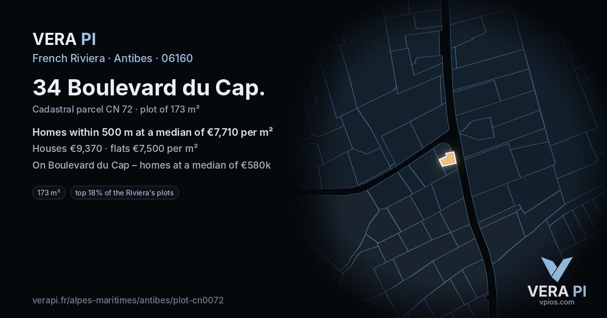 34 Boulevard du Cap, Antibes at night – the plot lit, the parcels around coloured by the prices near them