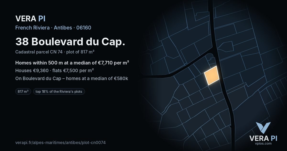 38 Boulevard du Cap, Antibes at night – the plot lit, the parcels around coloured by the prices near them