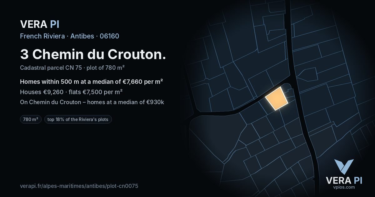3 Chemin du Crouton, Antibes at night – the plot lit, the parcels around coloured by the prices near them
